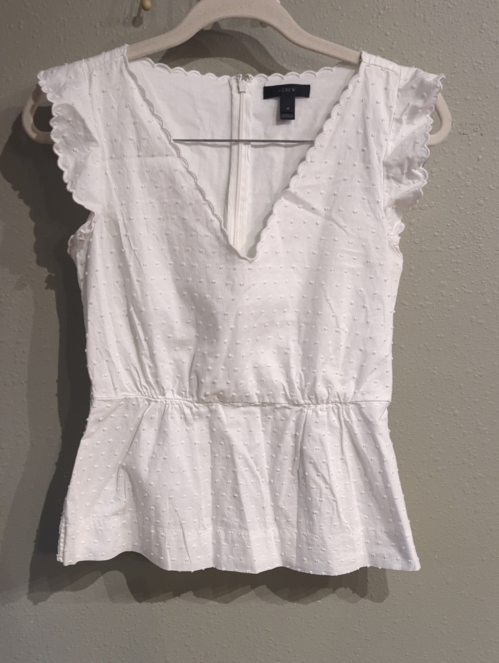 J. Crew Euro Summer Breathable White Top Swiss Dot Scalloped Peplum